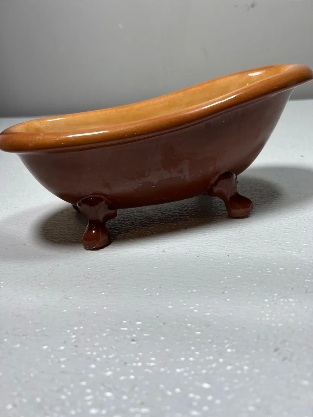 Vintage 70's Brown Glazed Pottery Footed Bathtub Soap Holder Bathroom Decor